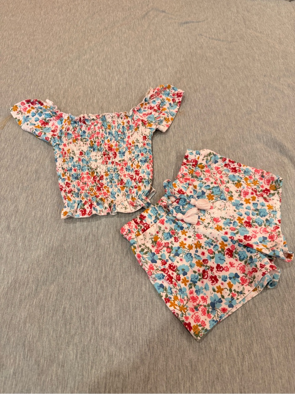 btween Floral Smocked Top and Shorts Set in White, Blue, Pink, Yellow